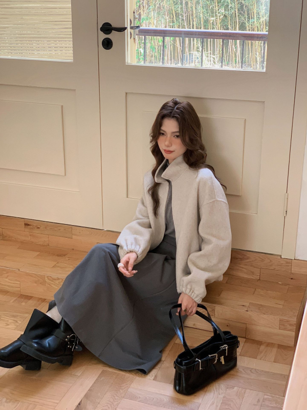 Dámska vlnená bunda so zipsom a stojatým golierom, krátky strih, dvojstranné kašmír, elegantný nový štýl (jar 2025; 70–80% vlna)