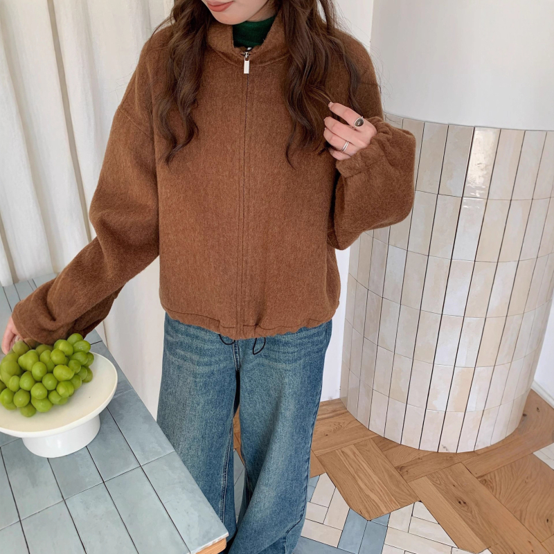 Dámska vlnená bunda so zipsom a stojatým golierom, krátky strih, dvojstranné kašmír, elegantný nový štýl (jar 2025; 70–80% vlna)