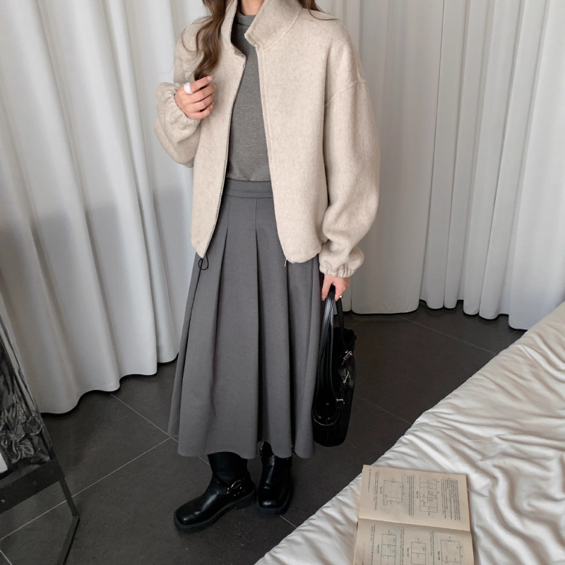 Dámska vlnená bunda so zipsom a stojatým golierom, krátky strih, dvojstranné kašmír, elegantný nový štýl (jar 2025; 70–80% vlna)