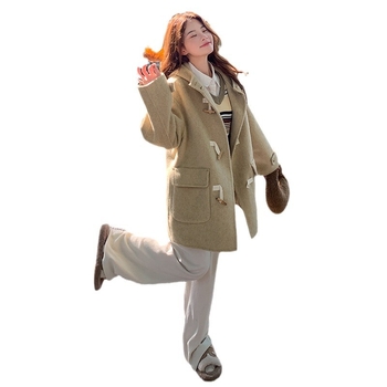 Palton reversibil din lână pentru femei, cu glugă, croială lejeră, material gros, conținut lână 70–80%