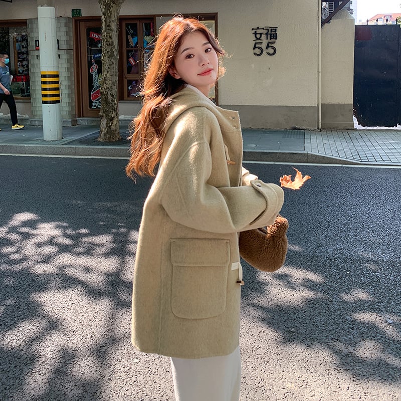 Palton reversibil din lână pentru femei, cu glugă, croială lejeră, material gros, conținut lână 70–80%