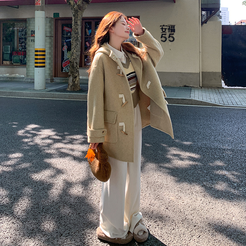 Palton reversibil din lână pentru femei, cu glugă, croială lejeră, material gros, conținut lână 70–80%