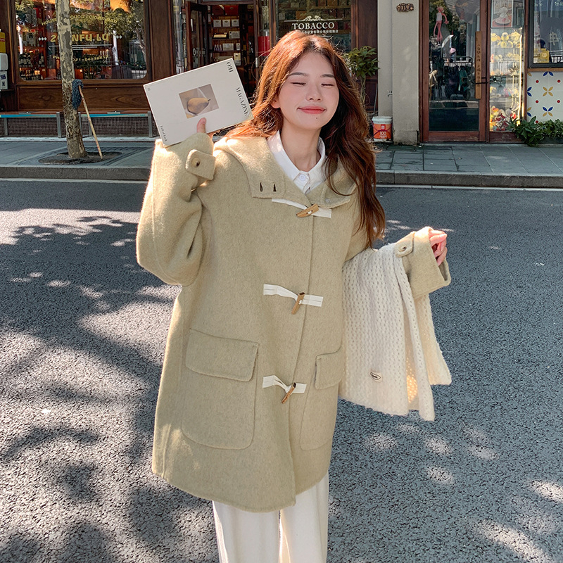 Palton reversibil din lână pentru femei, cu glugă, croială lejeră, material gros, conținut lână 70–80%