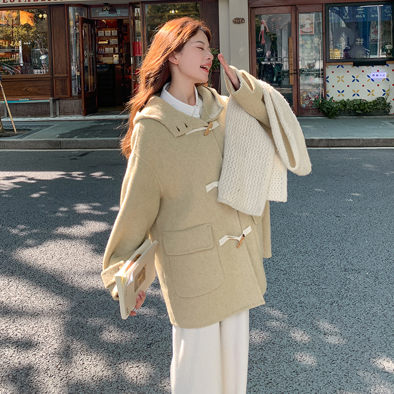 Palton reversibil din lână pentru femei, cu glugă, croială lejeră, material gros, conținut lână 70–80%