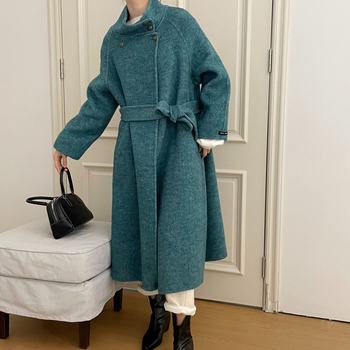 Palton damă din lână reversibil, guler înalt, stil pelerină, lungime lungă, închidere prin șnur, lână 90–95%