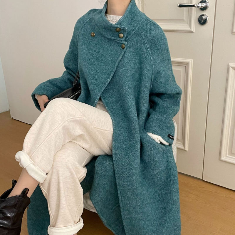 Palton damă din lână reversibil, guler înalt, stil pelerină, lungime lungă, închidere prin șnur, lână 90–95%