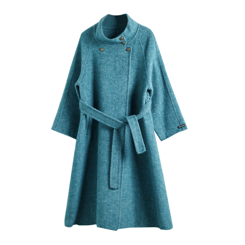 Palton damă din lână reversibil, guler înalt, stil pelerină, lungime lungă, închidere prin șnur, lână 90–95%