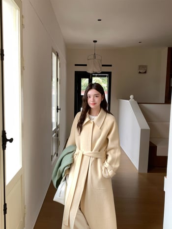 Ženski kaput od vunene smjese, dvostruka vuna, ručno šiveno, Turn-Down ovratnik, jednostruko kopčanje, produžena duljina