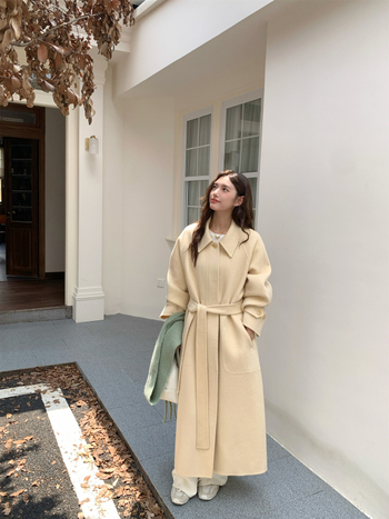 Ženski kaput od vunene smjese, dvostruka vuna, ručno šiveno, Turn-Down ovratnik, jednostruko kopčanje, produžena duljina