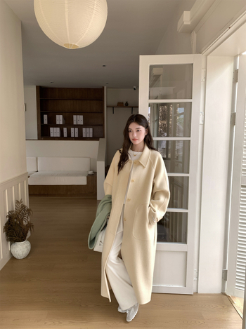 Ženski kaput od vunene smjese, dvostruka vuna, ručno šiveno, Turn-Down ovratnik, jednostruko kopčanje, produžena duljina