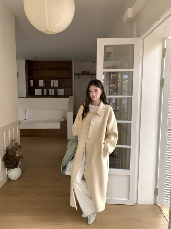 Ženski kaput od vunene smjese, dvostruka vuna, ručno šiveno, Turn-Down ovratnik, jednostruko kopčanje, produžena duljina