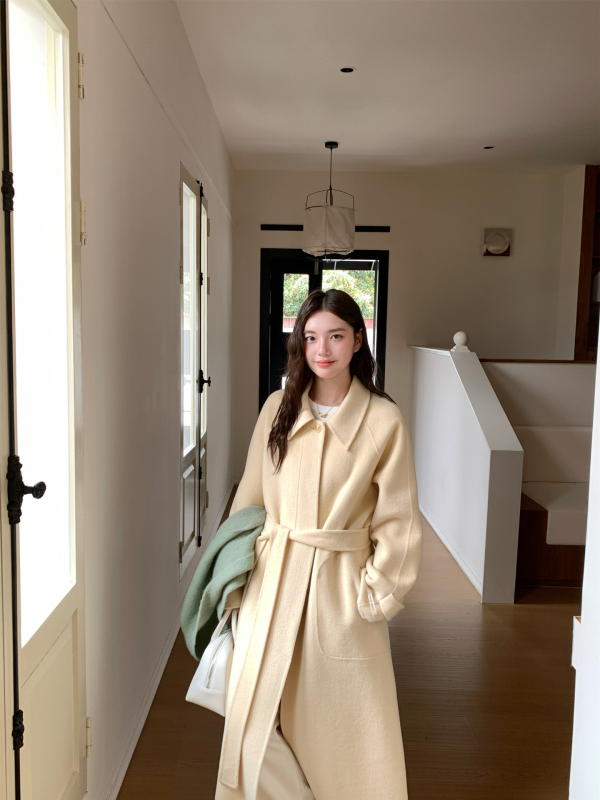 Ženski kaput od vunene smjese, dvostruka vuna, ručno šiveno, Turn-Down ovratnik, jednostruko kopčanje, produžena duljina