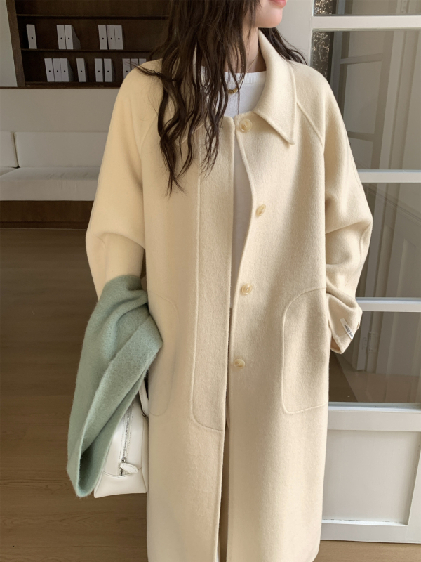 Ženski kaput od vunene smjese, dvostruka vuna, ručno šiveno, Turn-Down ovratnik, jednostruko kopčanje, produžena duljina