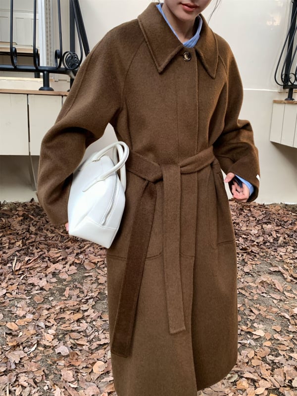 Ženski kaput od vunene smjese, dvostruka vuna, ručno šiveno, Turn-Down ovratnik, jednostruko kopčanje, produžena duljina