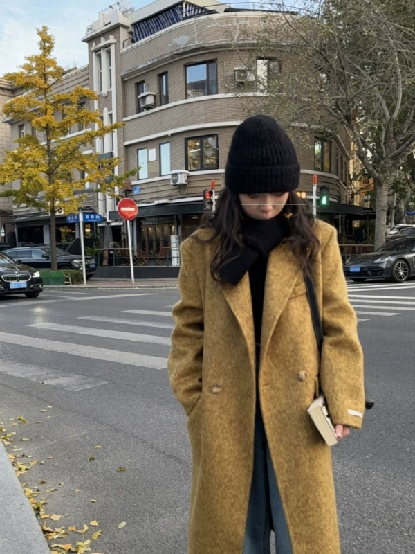 Palton de damă din lână, stil elegant pentru naveta, guler de sacou, închidere cu două nasturi