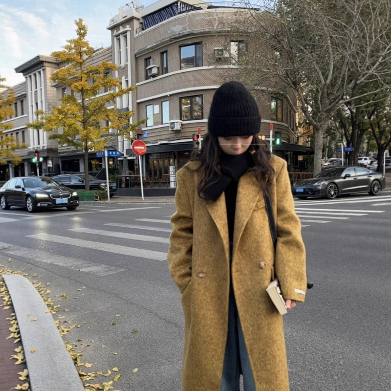 Palton de damă din lână, stil elegant pentru naveta, guler de sacou, închidere cu două nasturi