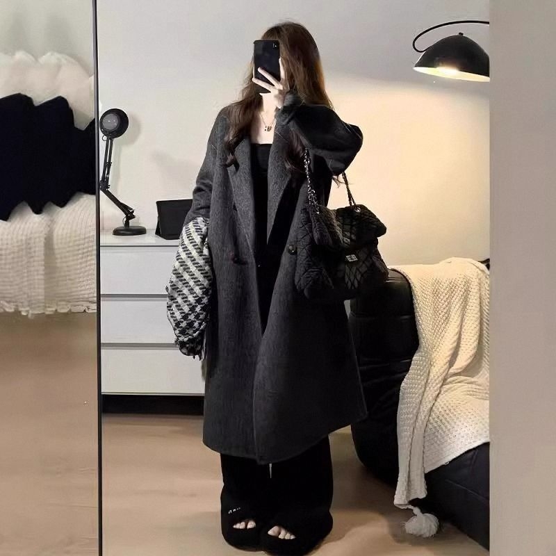 Dvostrano kaput od kašmira i vune, duga verzija, 3D uzorak, bez ovratnika, gradski stil Hepburn