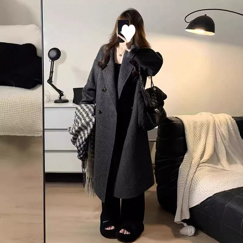 Dvostrano kaput od kašmira i vune, duga verzija, 3D uzorak, bez ovratnika, gradski stil Hepburn