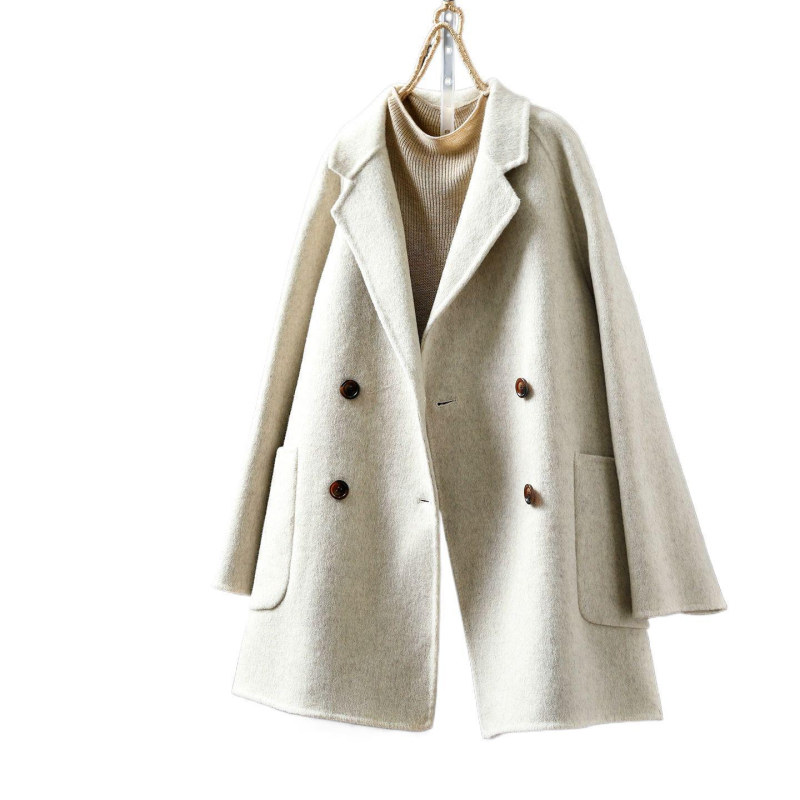 Jachetă pentru femei cu mâneci lungi, guler în stil costum, croială lejeră, nasturi dubli, lungime medie