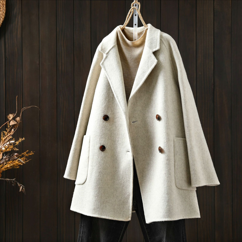 Jachetă pentru femei cu mâneci lungi, guler în stil costum, croială lejeră, nasturi dubli, lungime medie