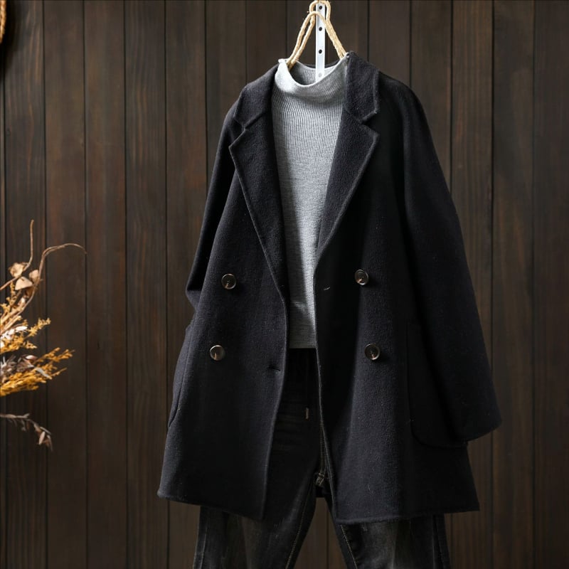 Jachetă pentru femei cu mâneci lungi, guler în stil costum, croială lejeră, nasturi dubli, lungime medie