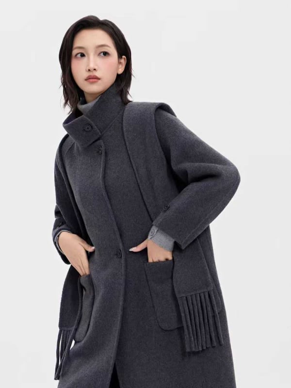 Palton de lână pentru femei, reversibil, lungime medie, guler cu șal, croială lejeră, toamnă iarnă, amestec lână-cashmere