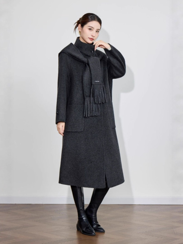 Palton de lână pentru femei, reversibil, lungime medie, guler cu șal, croială lejeră, toamnă iarnă, amestec lână-cashmere