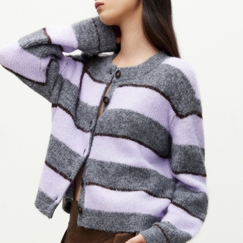 Cardigan din lână de miel, cu dungi în blocuri, guler rotund, tricot gros, închidere cu un nasture