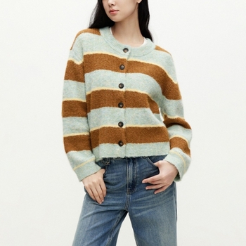 Cardigan din lână de miel, cu dungi în blocuri, guler rotund, tricot gros, închidere cu un nasture