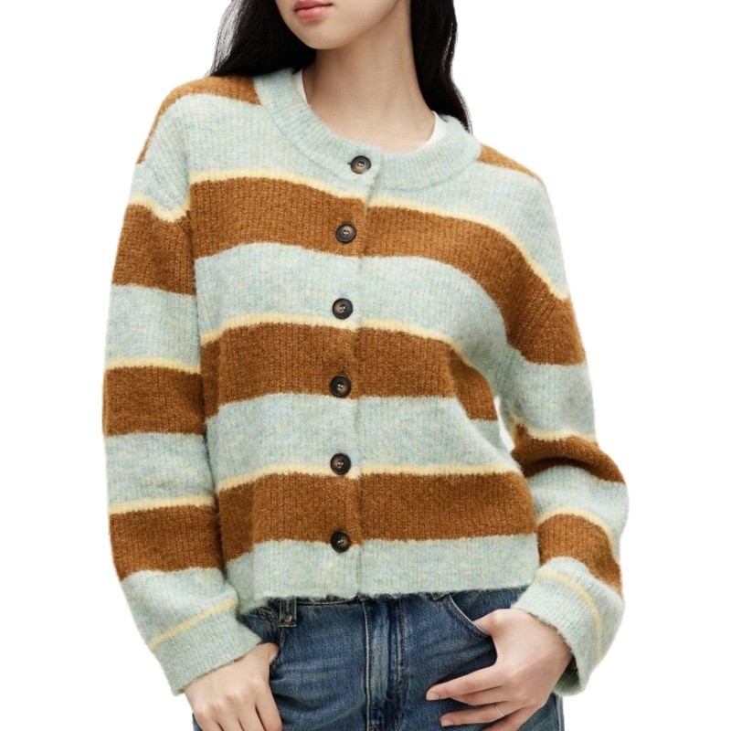 Cardigan din lână de miel, cu dungi în blocuri, guler rotund, tricot gros, închidere cu un nasture