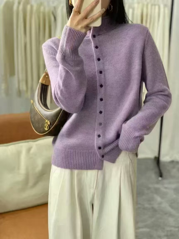 Ženski cardigan pulover, ovčja vuna s elastanom, jednobojan, polu-visoki ovratnik, kopčanje u jednom redu, uski kroj