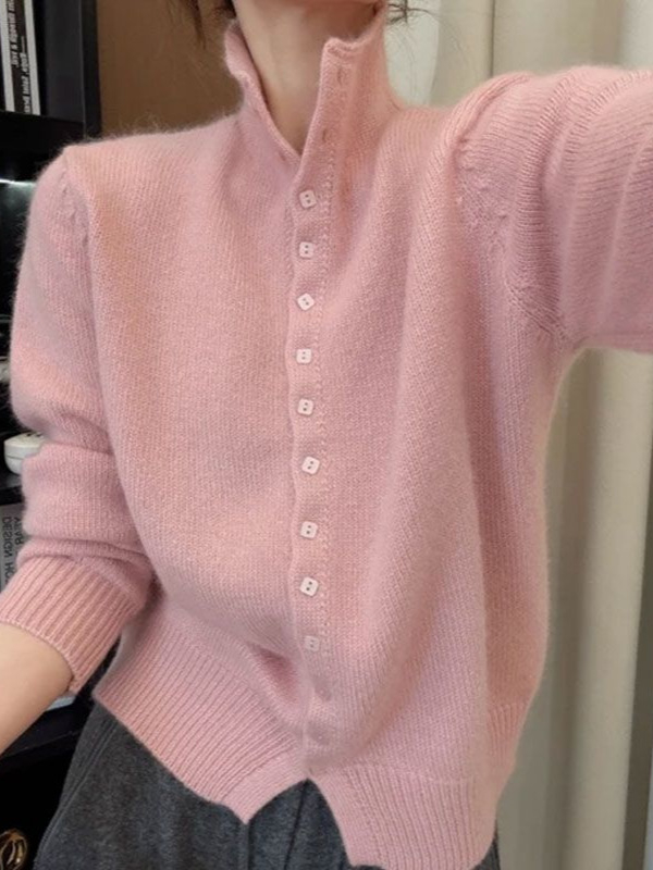 Ženski cardigan pulover, ovčja vuna s elastanom, jednobojan, polu-visoki ovratnik, kopčanje u jednom redu, uski kroj