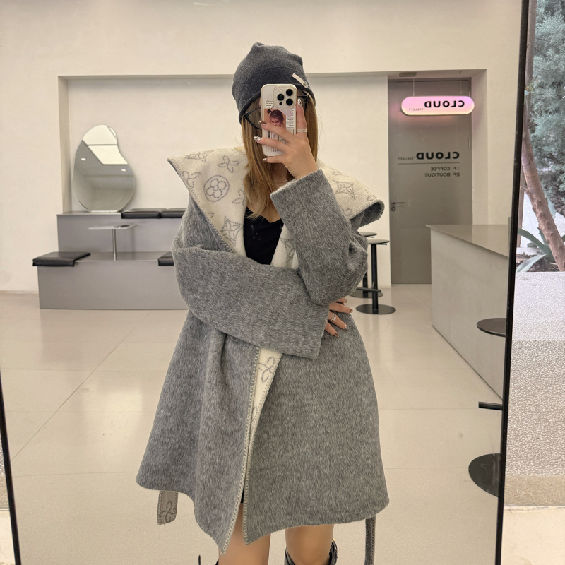 Ženski dvostrani kaput od vune i alpake, s kapuljom, korejski stil, srednja duljina 65–80 cm, V-izrez
