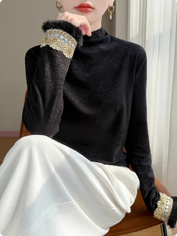 Pulover tricotat cu glugă, broderie 3D, căptușeală groasă de fleece, guler înalt, mâneci lungi; versiune de iarnă 2025