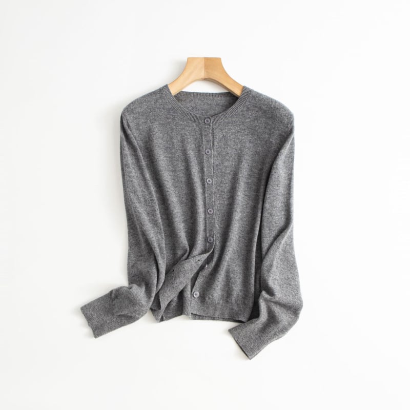 Cardigan din lână Merino, grosime medie, guler rotund, mâneci lungi, lungime 50–65 cm