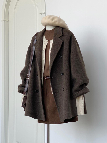 Sacou scurt din lână pentru femei, stil japonez și coreean, țesătură lână cu elastan și poliester, închidere cu nasturi dubli, lungime scurtă