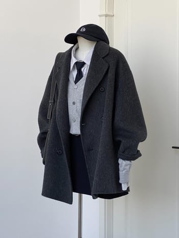 Sacou scurt din lână pentru femei, stil japonez și coreean, țesătură lână cu elastan și poliester, închidere cu nasturi dubli, lungime scurtă