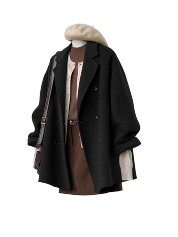 Sacou scurt din lână pentru femei, stil japonez și coreean, țesătură lână cu elastan și poliester, închidere cu nasturi dubli, lungime scurtă