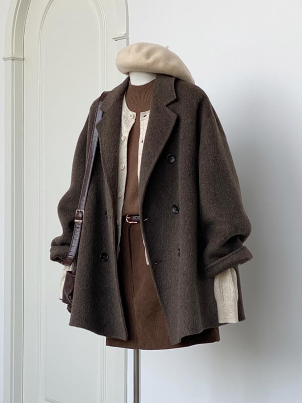 Sacou scurt din lână pentru femei, stil japonez și coreean, țesătură lână cu elastan și poliester, închidere cu nasturi dubli, lungime scurtă