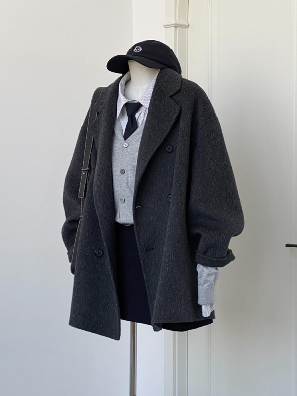 Sacou scurt din lână pentru femei, stil japonez și coreean, țesătură lână cu elastan și poliester, închidere cu nasturi dubli, lungime scurtă