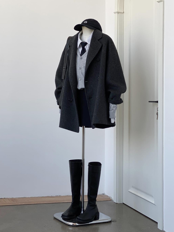 Sacou scurt din lână pentru femei, stil japonez și coreean, țesătură lână cu elastan și poliester, închidere cu nasturi dubli, lungime scurtă