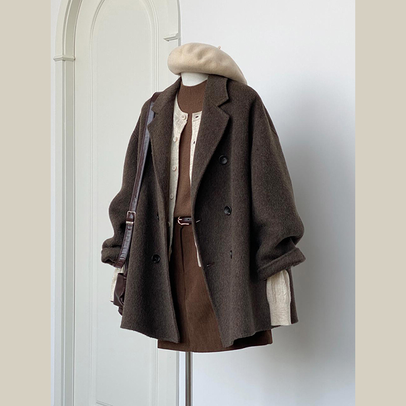 Sacou scurt din lână pentru femei, stil japonez și coreean, țesătură lână cu elastan și poliester, închidere cu nasturi dubli, lungime scurtă