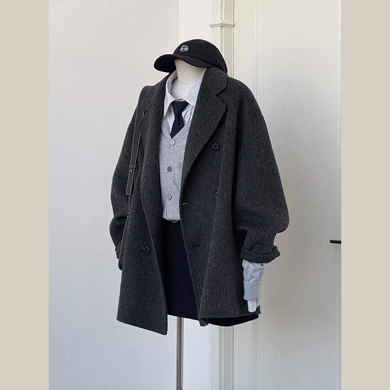 Sacou scurt din lână pentru femei, stil japonez și coreean, țesătură lână cu elastan și poliester, închidere cu nasturi dubli, lungime scurtă