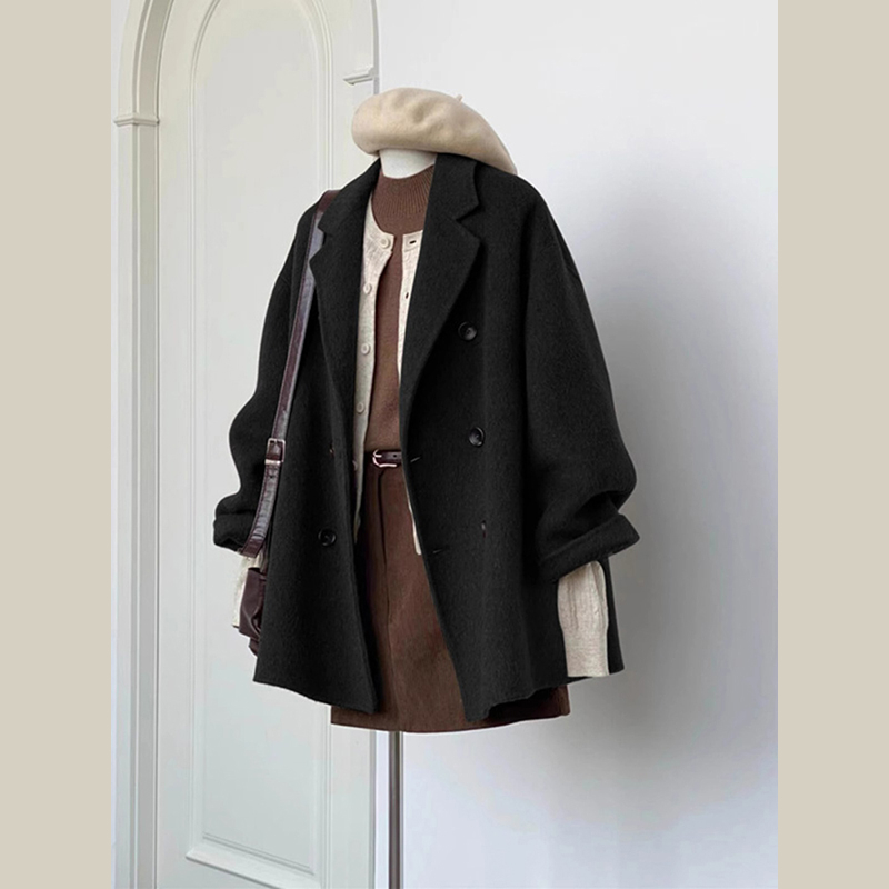 Sacou scurt din lână pentru femei, stil japonez și coreean, țesătură lână cu elastan și poliester, închidere cu nasturi dubli, lungime scurtă