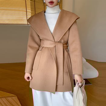 Palton de lână pentru femei, cu glugă, croială largă, lungime lungă, lână groasă, conținut lână 95%+