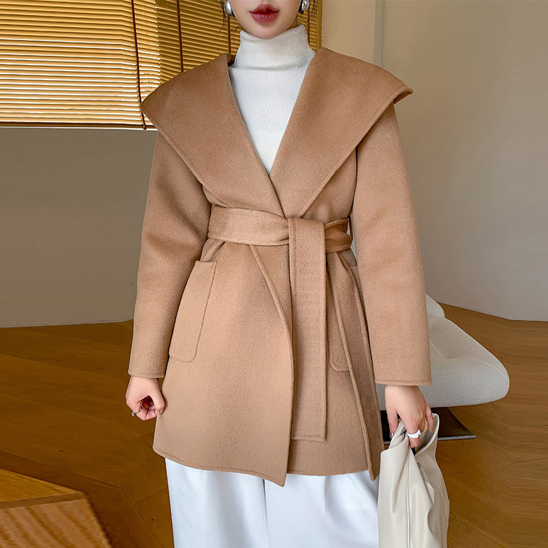 Palton de lână pentru femei, cu glugă, croială largă, lungime lungă, lână groasă, conținut lână 95%+
