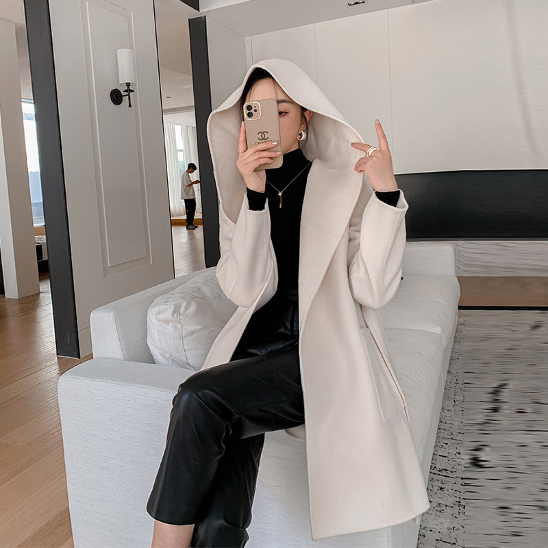 Palton de lână pentru femei, cu glugă, croială largă, lungime lungă, lână groasă, conținut lână 95%+