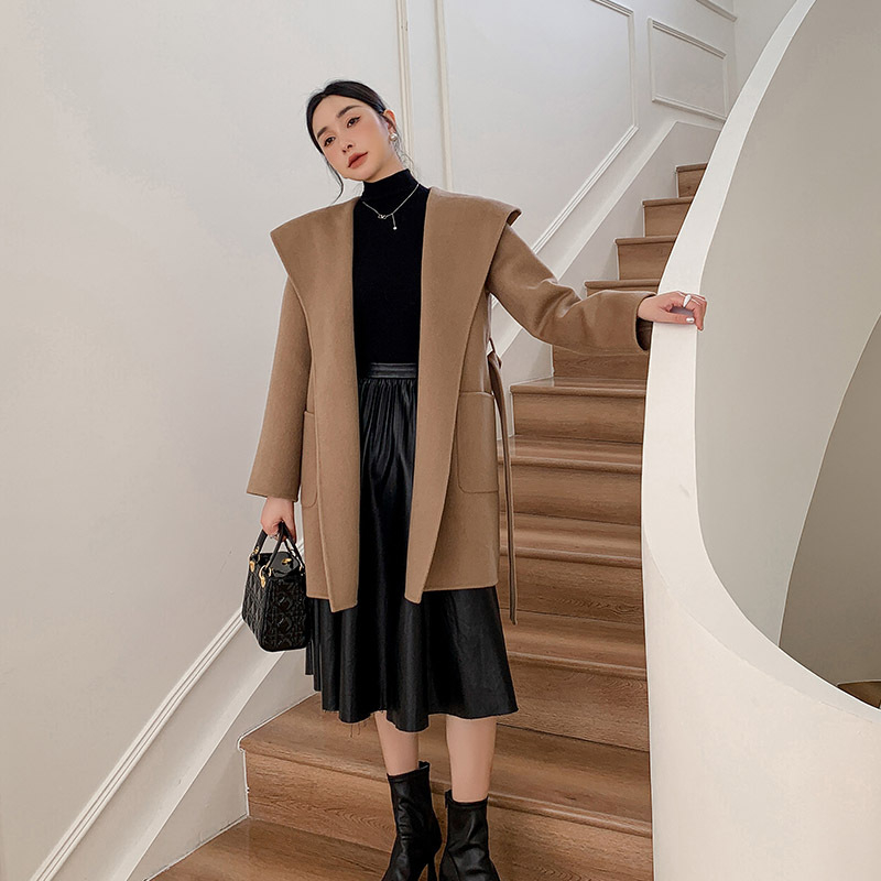 Palton de lână pentru femei, cu glugă, croială largă, lungime lungă, lână groasă, conținut lână 95%+