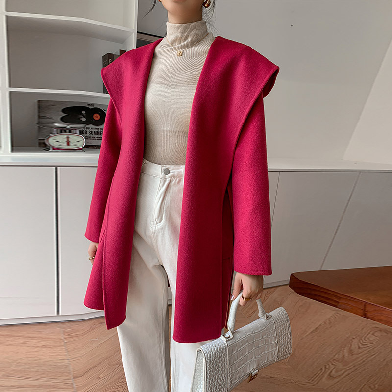 Palton de lână pentru femei, cu glugă, croială largă, lungime lungă, lână groasă, conținut lână 95%+