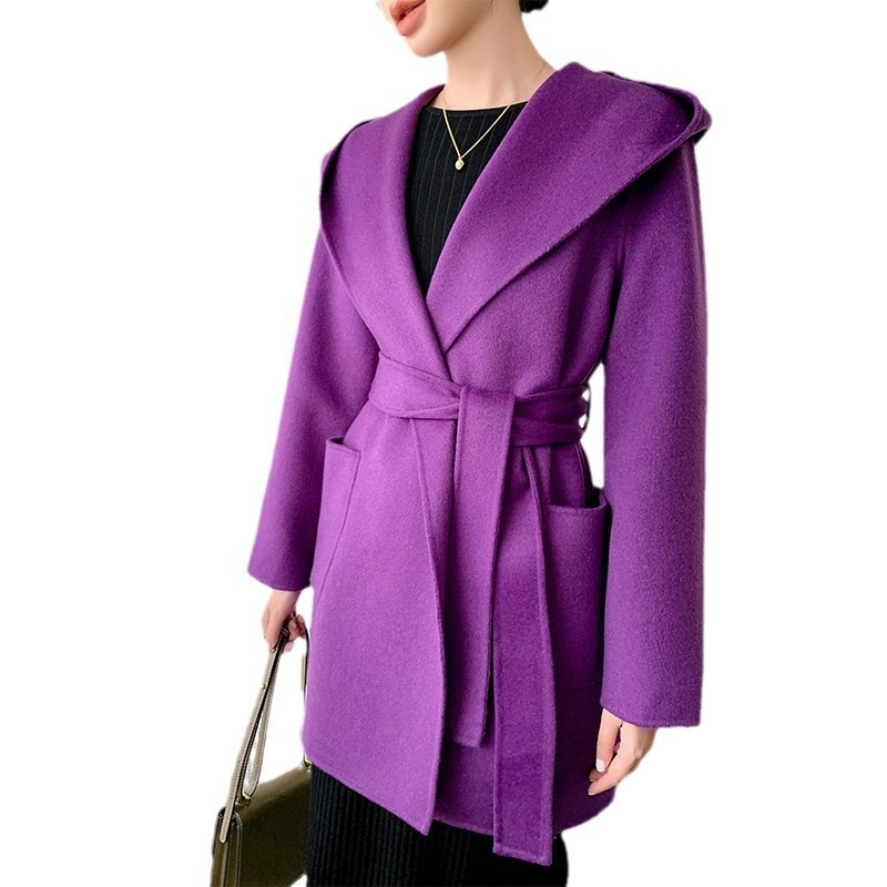 Palton de lână pentru femei, cu glugă, croială largă, lungime lungă, lână groasă, conținut lână 95%+